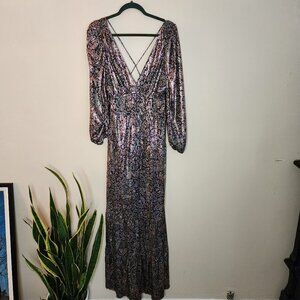 BA&SH “Glady” Metallic Maxi Gown – Open Back Boho Dress – Size L